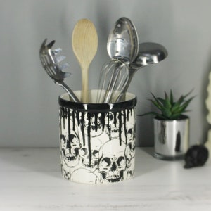 Skull Utensil Holder, Kitchen Storage Pot, Gothic Homeware, Skulls Utensil Pots, Hand Painted Ceramic, Black White, Weird Wonderful Cooking