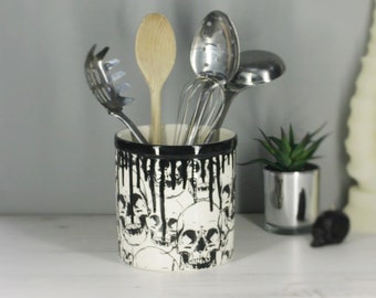 Skull Utensil Holder, Kitchen Pot, Gothic Homeware, Skulls Storage Pot, Hand Painted Ceramic, Black and White, Weird and Wonderful