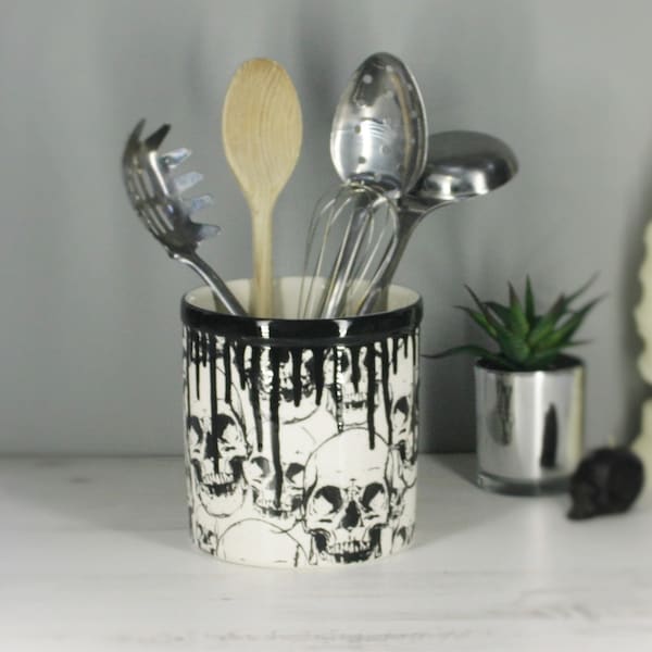 Skull Utensil Holder, Kitchen Pot, Gothic Homeware, Skulls Storage Pot, Hand Painted Ceramic, Black and White, Weird and Wonderful