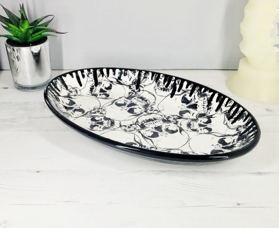 Skull Emo Platter, Ceramic Oval Plate, Gothic Serving Dish