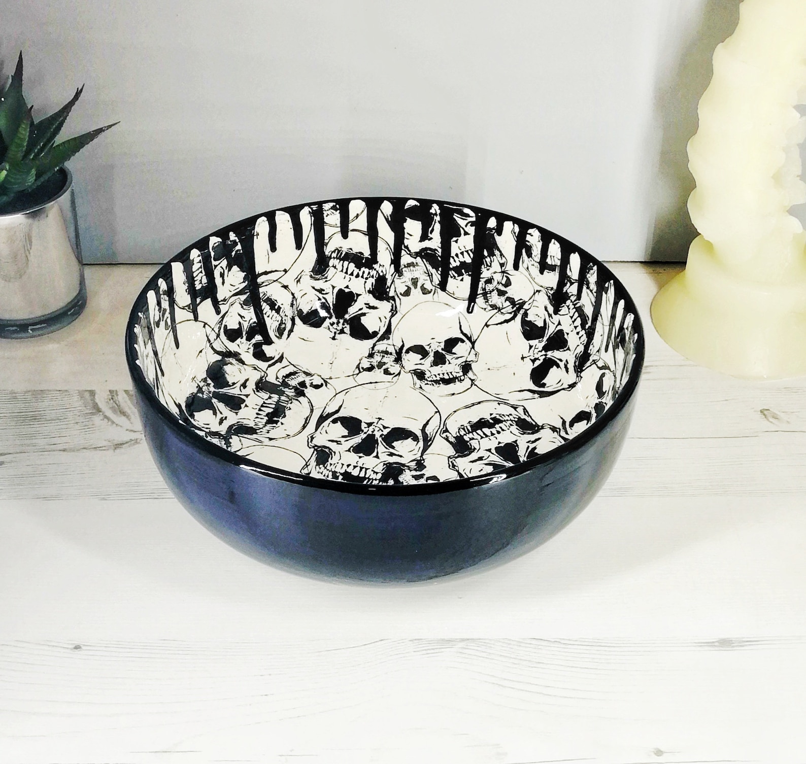 Gothic Fruit Bowl Hand painted ceramic skull drip design Etsy