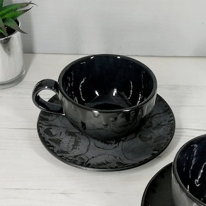 Matte Black Skull, Cappuccino Cup, Skulls Saucer, Coffee Mug, Gothic Gift, Tea Lover, Hand Painted Ceramic, Xmas Gift, Weird Wonderful