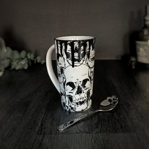 Skull Latte Mug, Goth Skulls Mugs, Unique Gothic Coffee, Tall Tea Cup, Hot Chocolate Drink, Weird and Wonderful, Ceramic White Black, Spooky