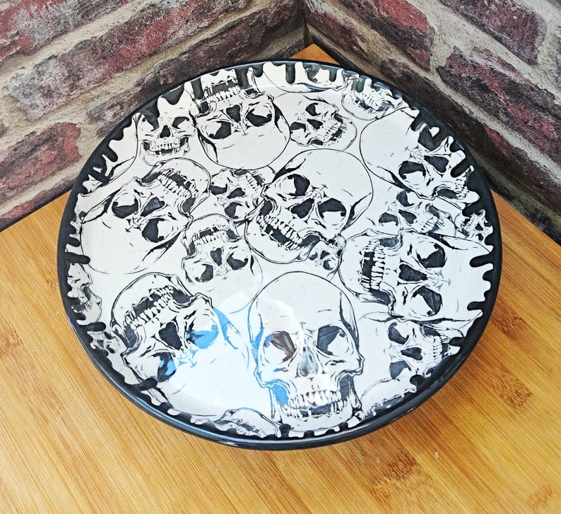 Skull cake stand Hand painted ceramic Pedestal Gothic gift Large plate Skulls base and plate Pizza platter weird and wonderful
