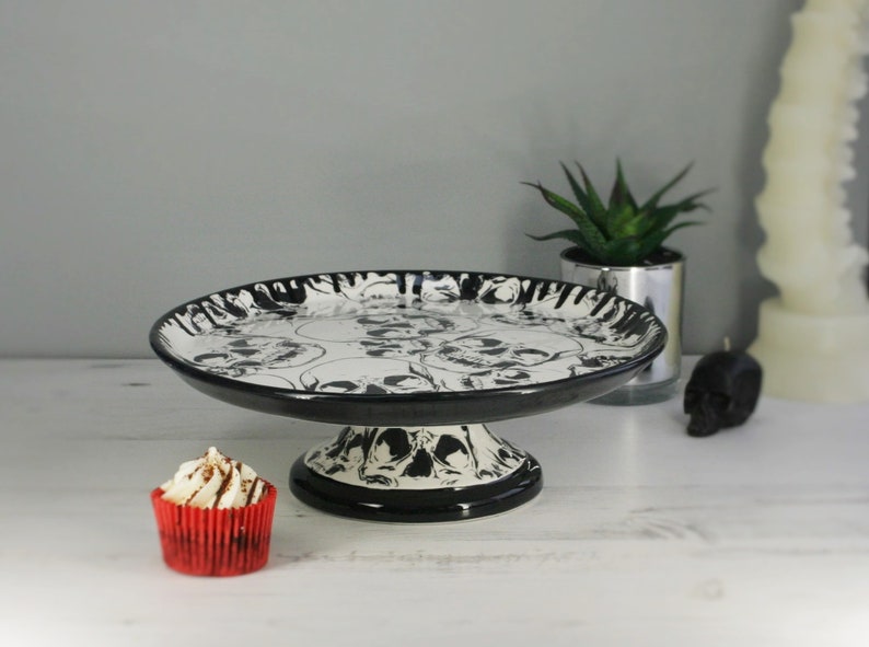 Skull cake stand Hand painted ceramic Pedestal Gothic gift Large plate Skulls base and plate Pizza platter weird and wonderful