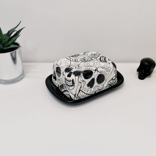 Skull Butter Dish Skulls Dome Plate Black and White Gothic Etsy UK