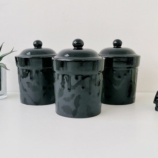 Bats Canister Set, Matte Black Bats, Storage Canisters, Tea Coffee Sugar, Gothic Jars, Storage Pots, Goth Ceramic Pot, Emo Kitchen Container