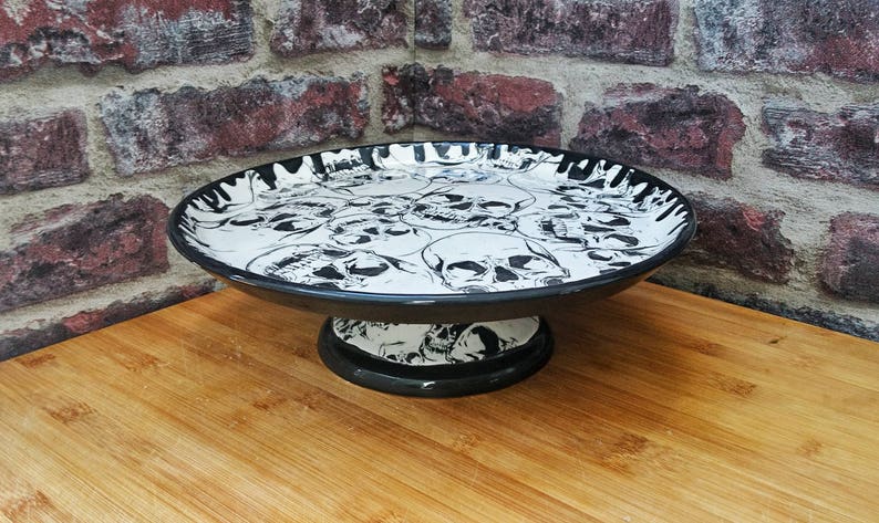 Skull cake stand Hand painted ceramic Pedestal Gothic gift Large plate Skulls base and plate Pizza platter weird and wonderful