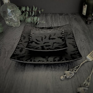 Bat Plate Set, Matte Black, Gothic Lunch, Alternative Plate, Goth plates, Hand Painted Ceramic, Unique Gift, Weird Wonderful, Square Spooky