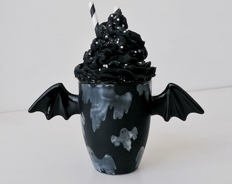 Ghost Bat Wing Mug, Matte Black Mugs, Unique Design, Hand Painted, Gothic Gift, Cute Winged Handle, Weird Goth Wonderful, Spooky, Halloween