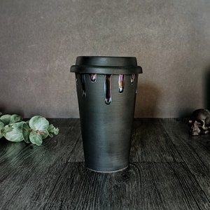 Pearlescent Travel Mug, Tall Ceramic Cup, Oil Slick Design, Tea Coffee Mugs, Mother of Pearl, Xmas Home Gift, Reusable Environmental