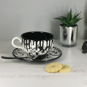 Skull Cappuccino Cup, Cup and Saucer, Tea Lover, Coffee Mug, Gothic Gift, Black Skulls Cups, Hand Painted Ceramic, Unique Present, Weird