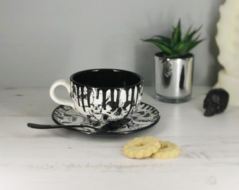 Skull Cappuccino Cup, Cup and Saucer, Tea Lover, Coffee Mug, Gothic Gift, Black Skulls Cups, Hand Painted Ceramic, Unique Present, Weird