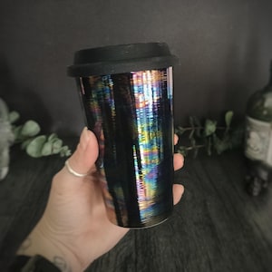 Oil Slick Travel Mug, Pearlescent Tall Ceramic Cup, Tea Coffee Mugs, Mother of Pearl, Xmas Home Gift, Reusable Environmental Sustainable