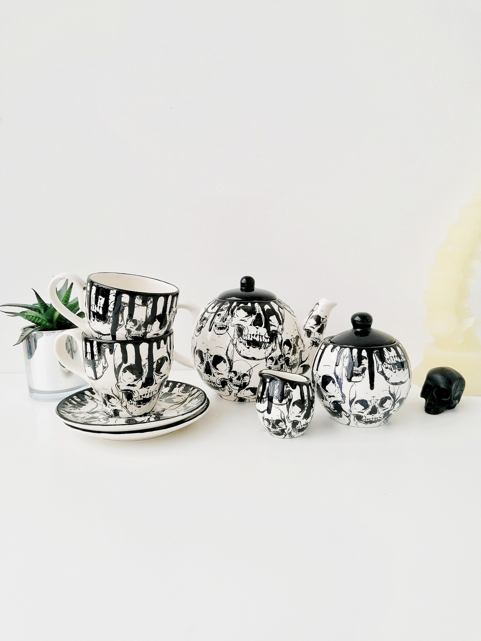 Skull Tea Set Gothic Ceramic Teaset Goth Cup Saucer Milk Etsy
