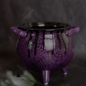 Witches Web Cauldron, Purple Spider Webs, Spiderweb Cobweb, Witch Breakfast Brew, Gothic Bowl, Halloween Cauldrons, Dark Design, Unique Gift