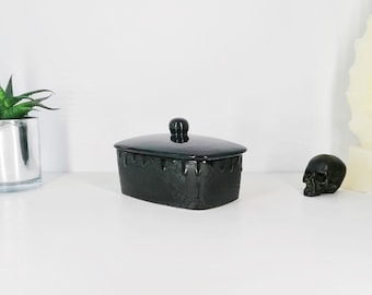 Web Butter Dish, Webs dome bowl, Matte Black, Gothic Gift, Creepy dishes, Halloween homeware, Hand painted ceramic, Unique Kitchen Design