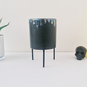 Lustre Indoor Planter, Matte Black Ceramic, Plant Stand, Gothic Succulent, Goth Cactus Stands, Weird Wonderful Ceramics, Oil Slick Drip