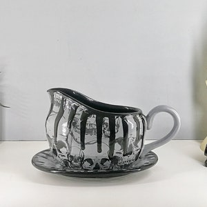 Skull Gravy Boat, Skulls Custard Jug, Large Creamer Dish, Grey Goth Kitchenware, Emo Dinner Service, Punk Table Decoration, Gothic Homeware image 1