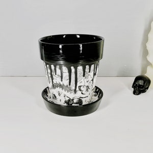 May include: Black and white ceramic planter with a dripping black glaze. The planter features a botanical print with butterflies and insects. The planter has a matching saucer.