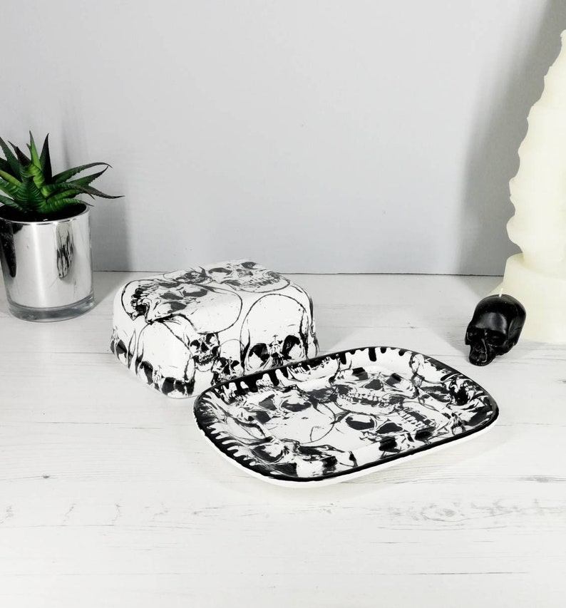 Skull Butter Dish Skulls Dome Plate Black and White Gothic Etsy