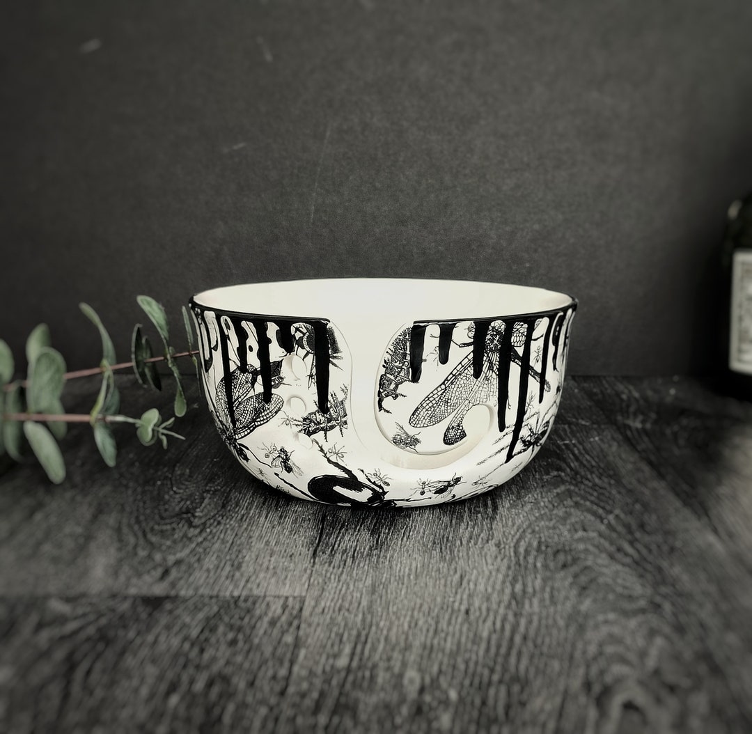 Bugs Yarn Bowl, Macabre Wool Bowls, Goth Knitting, Black White Goth