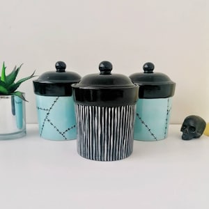 Stripes Stitches, Storage Canisters, Tea Coffee Canister, Sugar Jars, Storage Pots, Ceramic Pot, Container, Kitchen, Gothic Goth, Jack Sally
