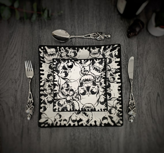 Square Dinner Set Skull Plate Sets Black Gothic Lunch Alternative Plate Goth Plates Hand Painted Ceramic Unique Gift Weird Wonderful Etsy Canada