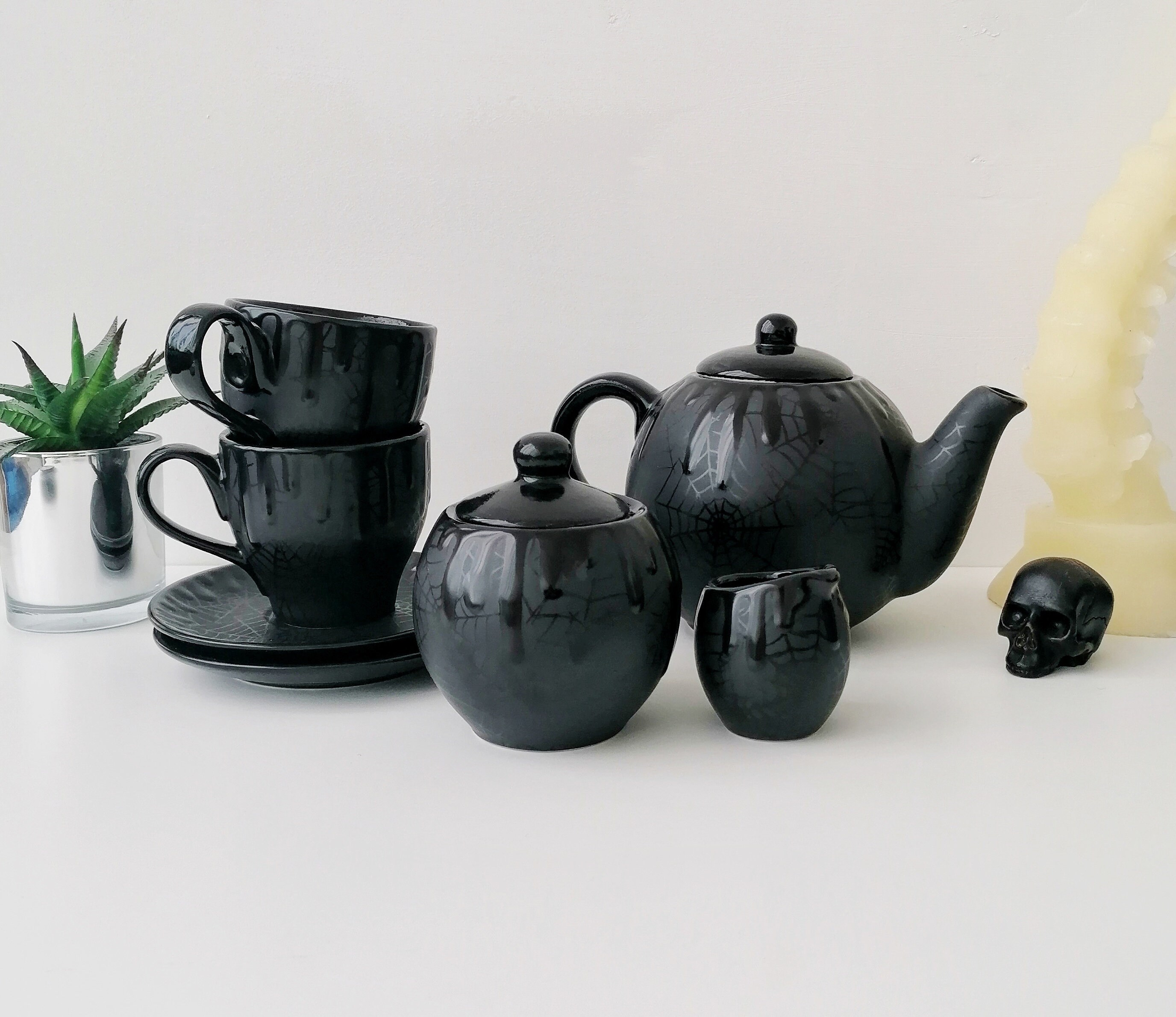 Goth  Tea Set Gothic Matte Black Gloss Drip Ceramic Etsy