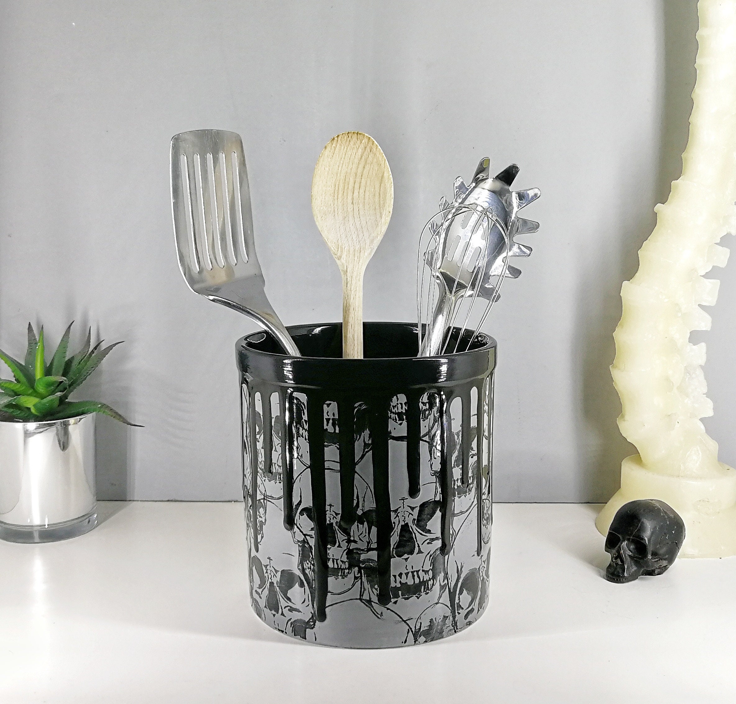 Skull Utensil Holder Grey Kitchen Pot Gothic Homeware Etsy UK