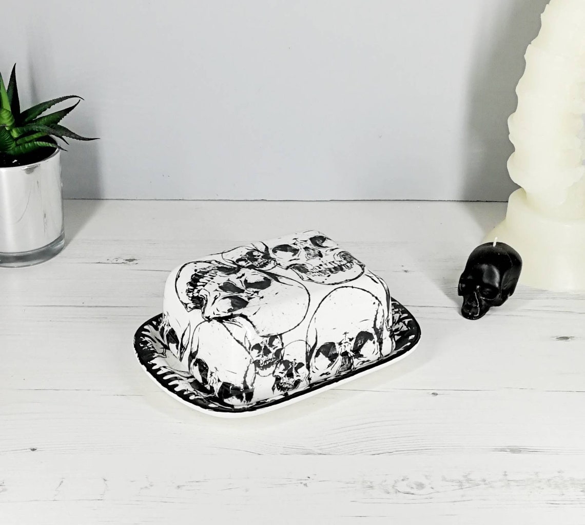 Skull Butter Dish Skulls dome plate Black and White Gothic Etsy
