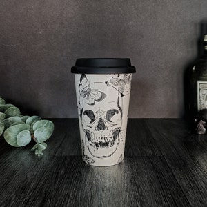 Skull Travel Mug, Skulls and Butterfly, Tall Ceramic Cup, Silicone Lid, Travelling Drink, Car Train, Coffee Tea, Hot Drinks, Weird Wonderful