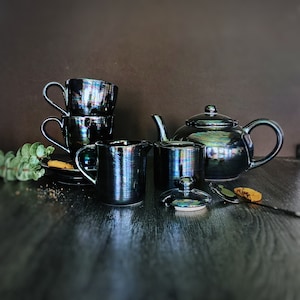 Iridescent Tea Set, Goth Pearlescent Teaset, Oil Slick Petrol Teapot, Xmas Gift, Gothic Xmas Halloween, Afternoon Coffee, Mother Pearl Emo