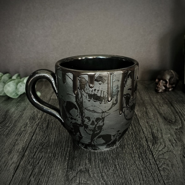 Matte Black Mug, Large Skulls Mugs, Gothic Cup, Tea Coffee Lover, Huge Cups, Christmas Goth Idea, Unique Gift Ceramic, Macabre Death Dark