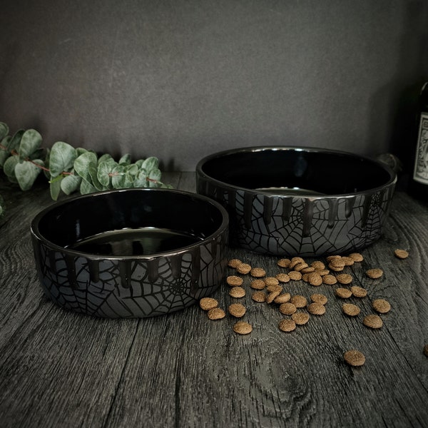 Matte Pet Bowl, Black Food Bowls, Spider Web Pets, Animal Feed, Dog Biscuits, Cat Water, Gothic Webs Ceramic, Goth Decorative Ceramics