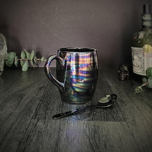 Oil Slick Barrell Mug, Mother of Pearl, Lustre Petrol Drip, Matte Black Cup, Tea Coffee Rainbow, Unique Ceramic, Iridescent Opalescent Mugs