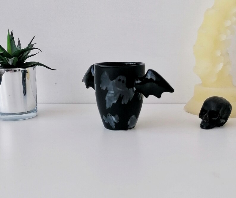 Ghost Bat Wing Mug, Matte Black Mugs, Unique Design, Hand Painted, Gothic Gift, Cute Winged Handle, Weird Goth Wonderful, Spooky, Halloween image 4