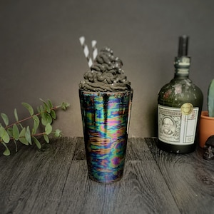 Oil Slick Tumbler, Iridescent Mug, Goth Latte, Petrol Effect, Tall Tea Cup, Milkshake, Coffee Glass, Weird Wonderful, Painted Lustre Ceramic