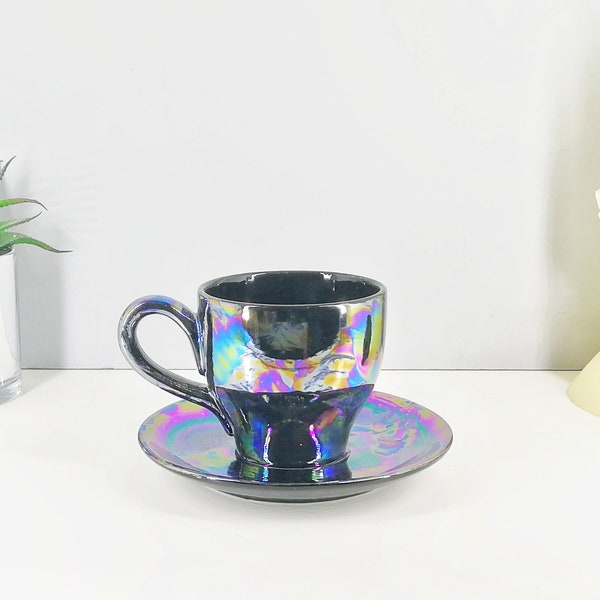 Pearlescent Cup and Saucer, English tea coffee, Hand Painted Ceramic, Unique Gift, Weird and Wonderful, Petrol Lustre Glaze, Mother of Pearl