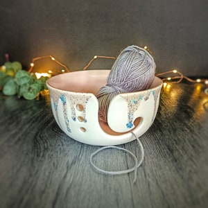 Pastel Yarn Bowl, Crystal Pink Crochet, Hand Painted Knitting Bowl, Craft Wool, Matte White, Weird Wonderful Ceramic, Gift Xmas Present