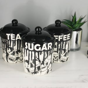 Skull Storage Canisters, Tea Coffee Canister, Sugar Jars, Storage Pots, Ceramic Pot, Container, Kitchen flour Pot, Hand Painted, Gothic Goth