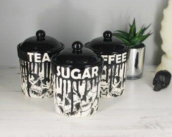 Skull Storage Canisters, Tea Coffee Canister, Sugar Jars, Storage Pots, Ceramic Pot, Container, Kitchen flour Pot, Hand Painted, Gothic Goth