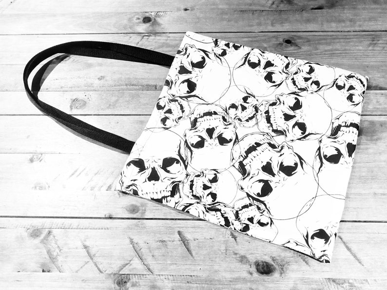 Goth Groceries Skull Tote Bag Weird Wonderful Black White Shoulder handbag Skulls Shopping Bags Handmade Cotton Gothic Shopper