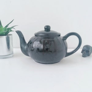 Matte Black Skull Teapot, Gloss Tea Pot, Gloss Kettle, Gothic Gift, Unique Kitchen Present, Weird Wonderful, Goth Item, Hand Painted Ceramic
