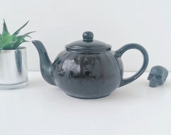 Matte Black Skull Teapot, Gloss Tea Pot, Gloss Kettle, Gothic Gift, Unique Kitchen Present, Weird Wonderful, Goth Item, Hand Painted Ceramic