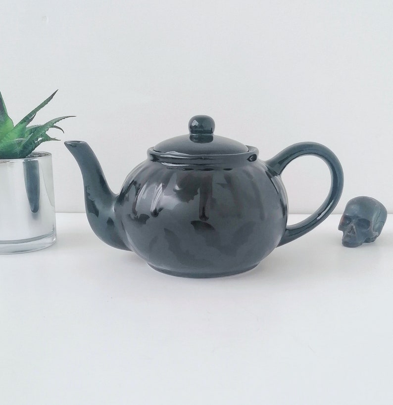 Matte Black Bat Teapot, Gloss Tea Pot, Bats Gloss Kettle, Gothic Gift, Unique Kitchen Present, Weird Wonderful Goth, Hand Painted Ceramic image 4