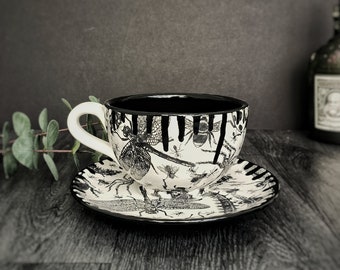 Cappucino Cup & Saucer, Unique Hand Painted, Bug design, afternoon tea set, Ceramic paint glaze, set of 2, creepy gothic design