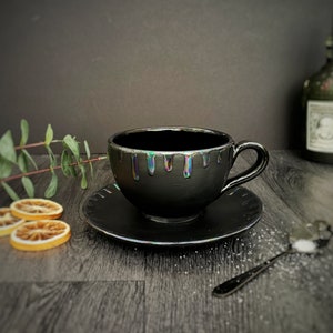 Oil Slick Cappuccino, Petrol Effect Cup, Rainbow Drip Latte, Iridescent Saucer, Coffee Mug, Tea Lover Gift, Xmas Gift, Weird Wonderful