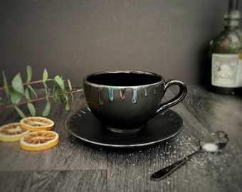 Oil Slick Cappuccino, Petrol Effect Cup, Rainbow Drip Latte, Iridescent Saucer, Coffee Mug, Tea Lover Gift, Xmas Gift, Weird Wonderful