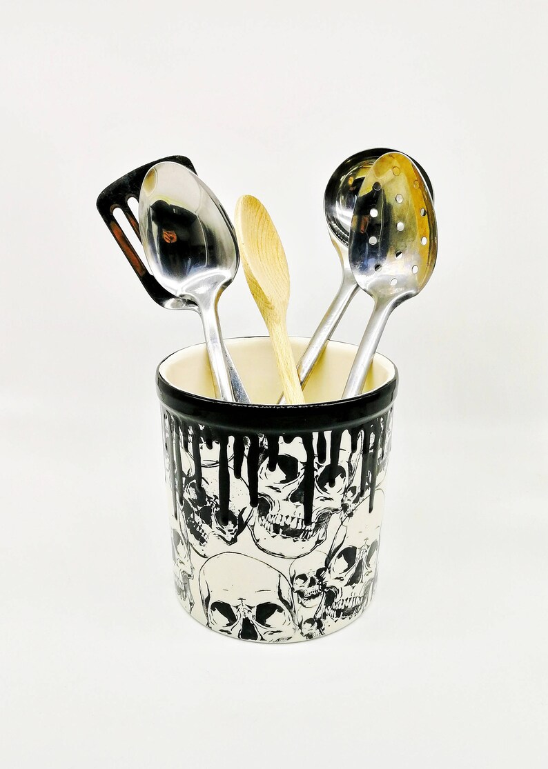 Skull Utensil Holder Kitchen Pot Gothic Homeware Skulls Etsy
